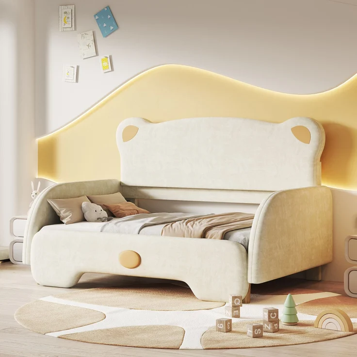 Polsterbett in Bärenform 140x200 cm, Kinderbett und Tagesbett mit Ausziehbett, weichen Schutzkanten und Samtbezug, Beige – Bild 3