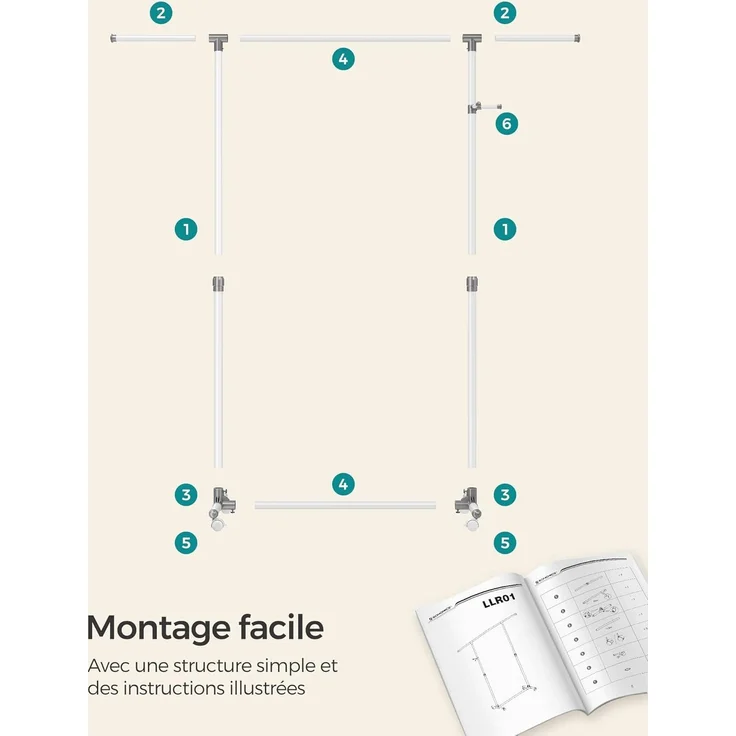 SONGMICS Kleiderständer auf Rollen, Kleiderstange, höhenverstellbar zwischen 97 und 165 cm, ausziehbare Garderobenstange, Garderobenständer, seitliche Haken für Accessoires, weiß LLR001W01 – Bild 9