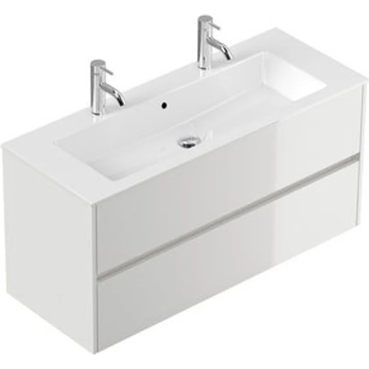 Posseik Badmöbel-Set Badmöbel Doppel-Waschtisch 2 Hahn Limes 120 cm weiß Hochglanz – Bild 6