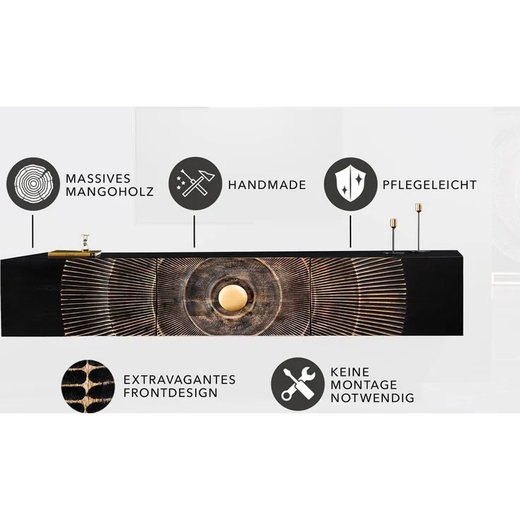 riess-ambiente Lowboard GOLDEN SUNSET 160cm schwarz / gold (Einzelartikel, 1 St), Massivholz · 3D Front · hängend · handmade · TV-Schrank · Design – Bild 4