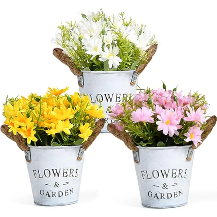 GoMaihe kunstblumen Wie Echt Deko: künstliche Blumen mit Grauem Topf | Kleine Pflanze, Pflegefreie: 9.5 x 13cm , Deko Wohnzimmer Balkon Schlafzimmer Badezimmer Zimmer Tischdeko 3 Stücke