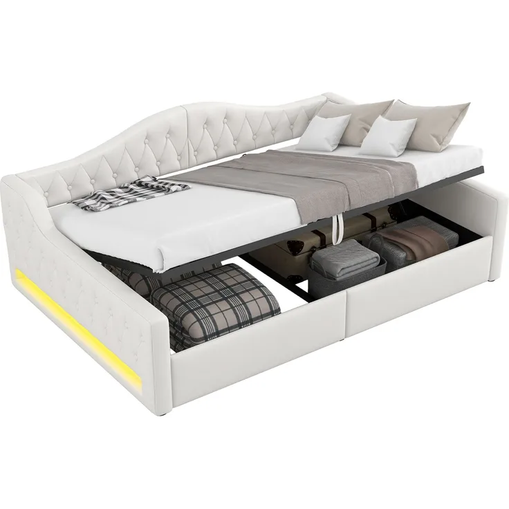 Gepolstertes 140x200 Tagesbett mit LED-Gürtel und Stauraum darunter, Beige