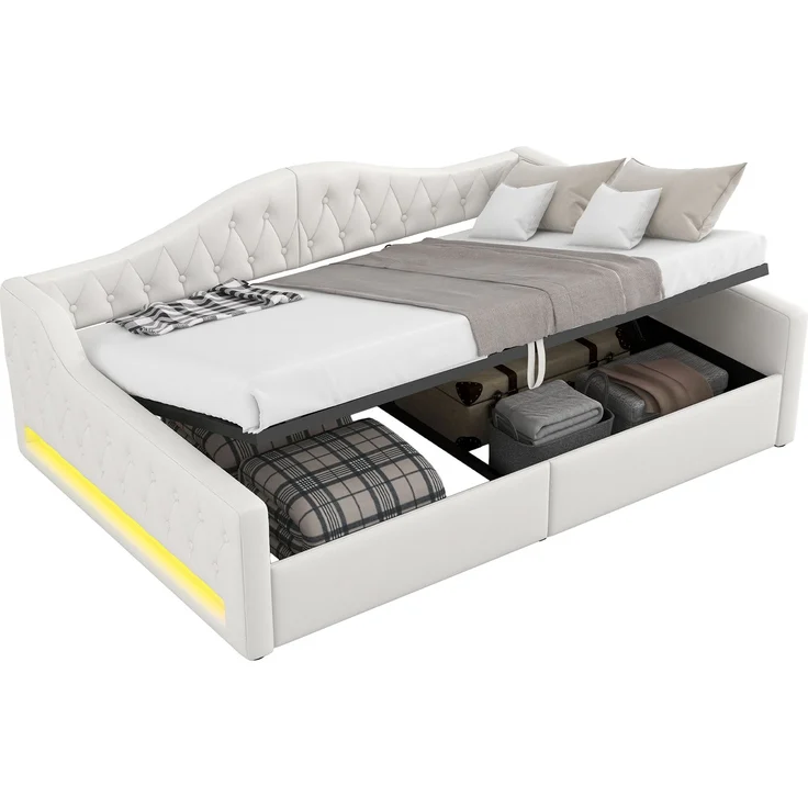 Gepolstertes 140x200 Tagesbett mit LED-Gürtel und Stauraum darunter, Beige – Bild 1