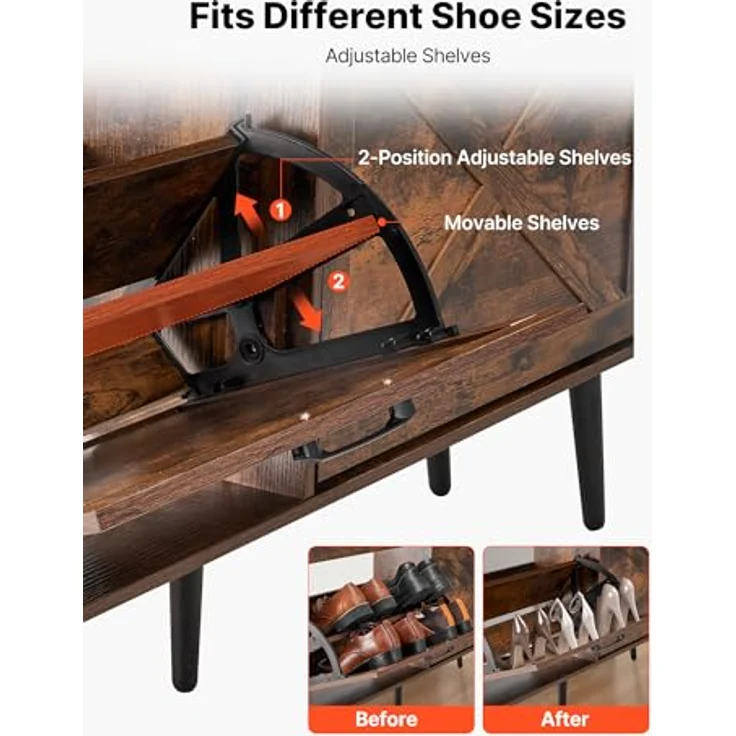 VEVOR Schuhschrank mit 4 Klappen & Kippschutz, platzsparender Schuhkipper, freistehender Schuhregal-Organizer für den Eingang Flur Wohnzimmer Veranda, Vintage Schuhregal 120 x 24 x 105 cm Braun – Bild 8