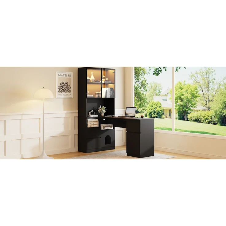 ZUBALIYA Eckschreibtisch mit Regal und LED-Vitrinenschrank 120×80×180 cm – Schreibtisch mit Kabeldurchlass, 3 Schubladen, 2 Türen, offenen Fächern,Ein Eckschreibtisch mit eingebautem Bücherregal,Schwarz – Bild 17