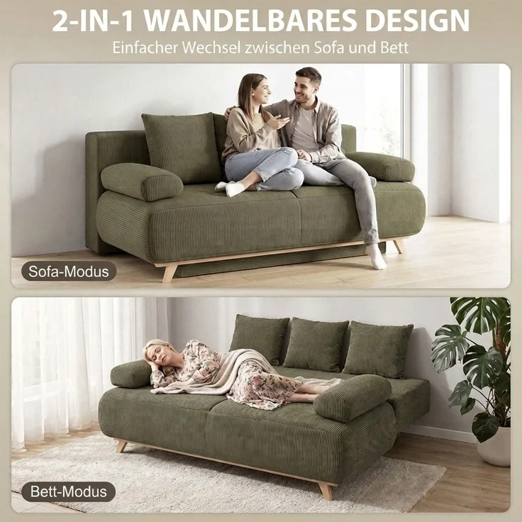 HOMCOM Schlafsofa, Cord (90 % Polyester, 10 % Nylon), Dunkelgrün, 188 x 100 x 84 cm – Bild 4