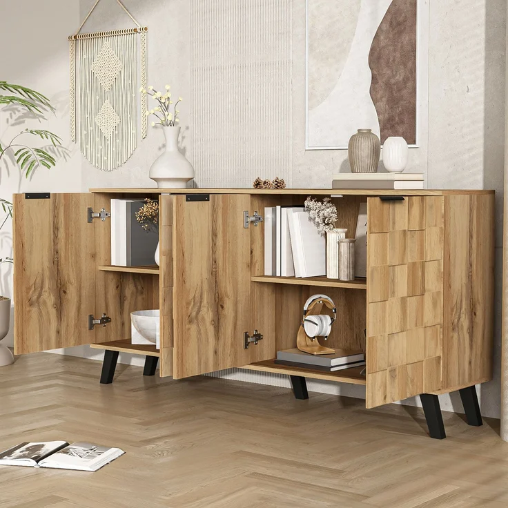 Sideboard Holzoptik 160 cm, moderner Aufbewahrungsschrank mit 4 Türen, Einlegeböden & schwarzen Griffen – Bild 4