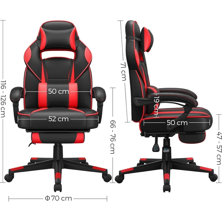 Songmics Bürostuhl, ausziehbare Fußstütze, Kopfkissen, Lendenkissen, höhenverstellbar, ergonomisch, neigbare Rückenlehne, bis 150 kg belastbar, schwarz-rot – Bild 5