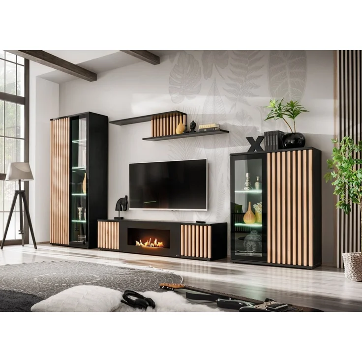 Wohnwand Cameron in Schwarz und Hickory Jackson mit Bio-Kamin, Beleuchtung und Lamellen 340 x 192 x 45 – Bild 1