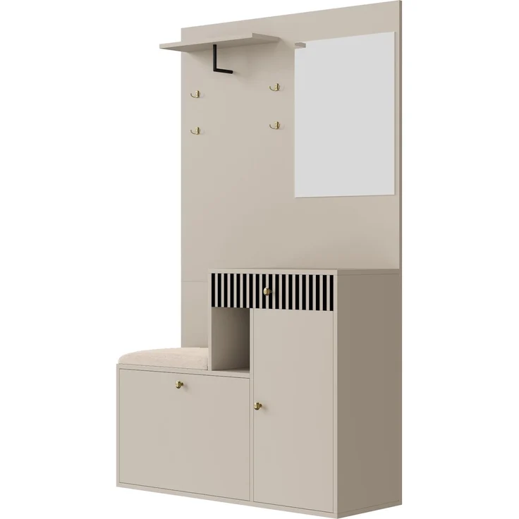 Merax Garderobenset, Kompaktgarderobe, Flurgarderobe mit Spiegel und Polsterkissen, Flurschrank, Wohnwand, Regal, Flur- und Dielengarderobenpaneele, Schuhschrank, Beige – Bild 7