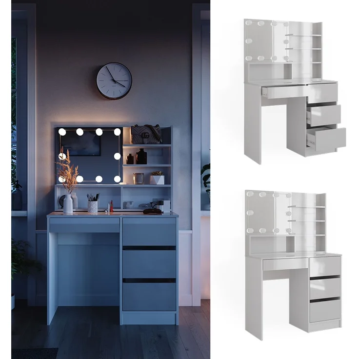 Schminktisch Sherry Weiß 90 cm mit LED Beleuchtung, und Spiegelregal Vicco – Bild 2