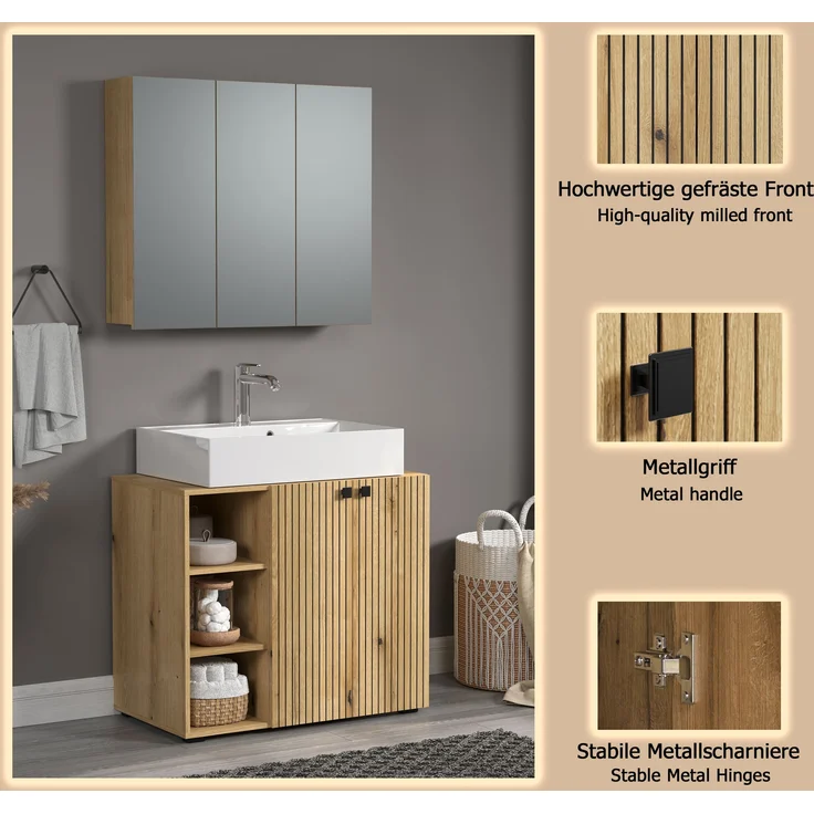 trendteam smart living - PureBliss - Badmöbel-Set Waschbeckenunterschrank + Spiegelschrank - Evoke Eiche - Rillenoptik - (BxHxT) 90 x 186 x 53 cm - Badezimmermöbel mit edlen Metallgriffen – Bild 4