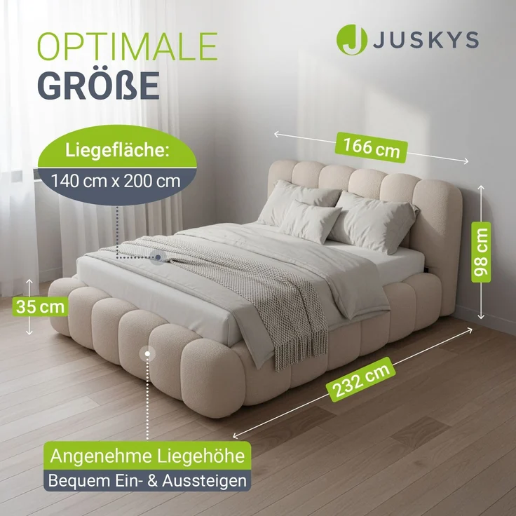 Juskys Polsterbett Catania - Bubble Design, gepolstertes Kopfteil, stabile Kontruktion - 140 x 200 cm - Beige – Bild 3