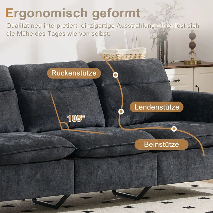 EINHOM Dreisitzige Sofagarnitur im nordischen Stil mit Aufbewahrungshocker, L-förmiges Stoffsofa mit Seitentaschen und Tischbeinen aus Holz, ideal für Wohnzimmer und kleine Räume(Schwarzer Chenille) – Bild 6