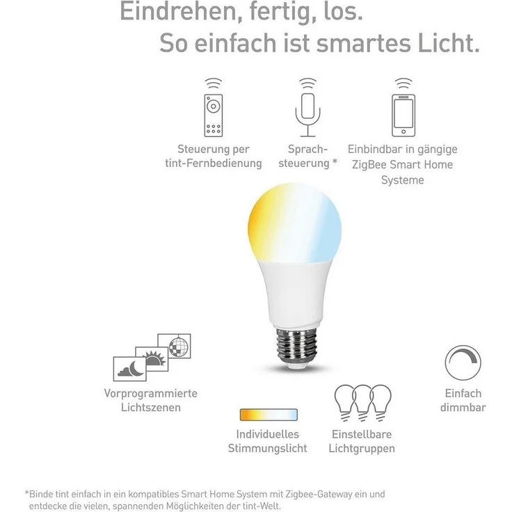 tint Smarte LED-Birne E27 – Steuerbar per Alexa oder Fernbedienung – Dimmbare E27 Glühbirne mit weißem Licht (2700-6500 K), 9 W – Bild 1