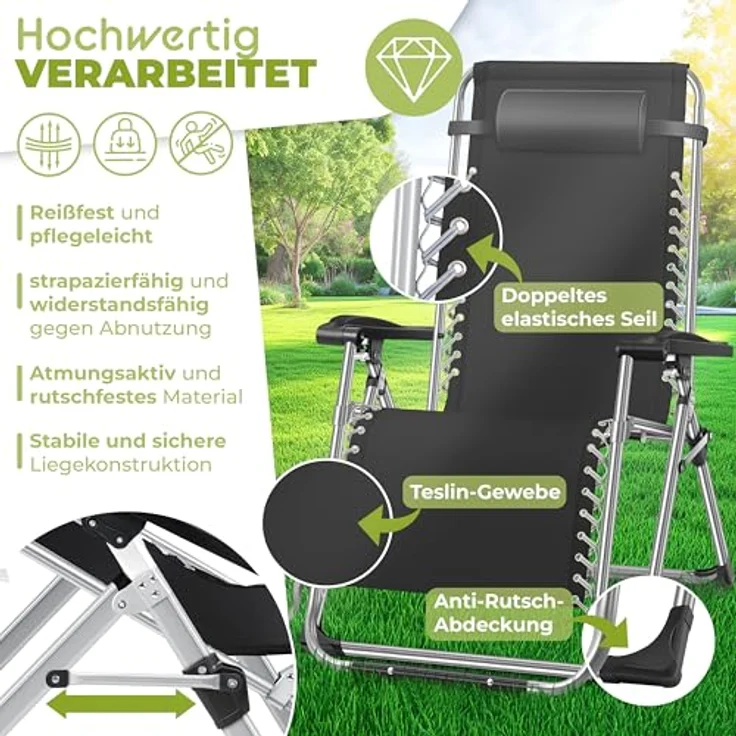 KESSER® Sonnenliege Liegestuhl Klappbar & Wetterfest, Gartenstuhl Belastbar 200kg Ergonomisches Polster Extra Breit Verstellbare Rückenlehne Gartenliege inkl. Nackenkissen & Getränkehalter, Anthrazit – Bild 6