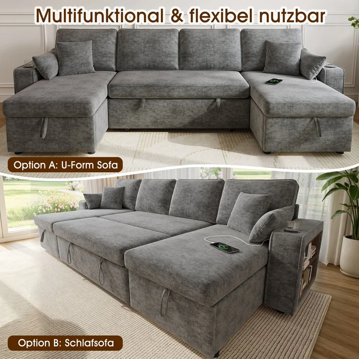 ZUBALIYA Schlafsofa, mit Stauraum, mit USB-C-Anschluss, mit Schlaffunktion, modular kombinierbar, mit Getränkehaltern, H 86 × T 270 × B 125 cm, Grau, Chenille – Bild 7