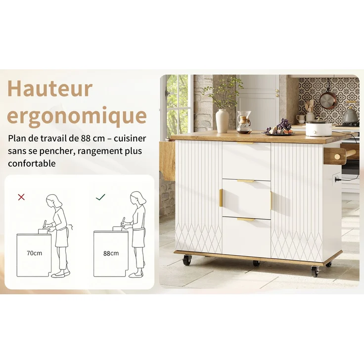 TavilaEcon Küchenwagen mit ausklappbarer Arbeitsplatte & Stromanschluss weiß H 88 cm, B 134 cm – Bild 5