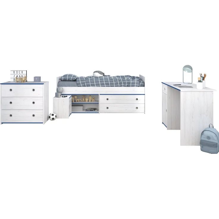 Jugendzimmer-Set >Smoozy 37< (3-teilig) Kleiderschrank, Schreibtisch, Bett, in Kiefer Weiß Dekor – Bild 4