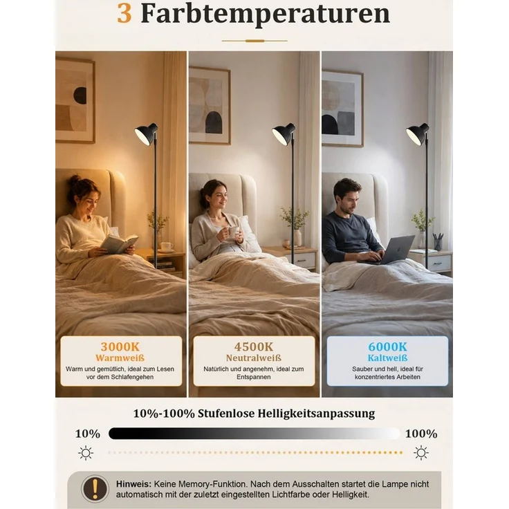 Lapamax Stehlampe Höhenverstellbare LED Tischleuchte 45–145 cm, 3 Lichtfarben, USB, dimmbar, LED, warmweiß, neutralweiß, kaltweiß, 150° schwenkbar Leselampe mit USB-Anschluss und Metallfuß – Bild 3