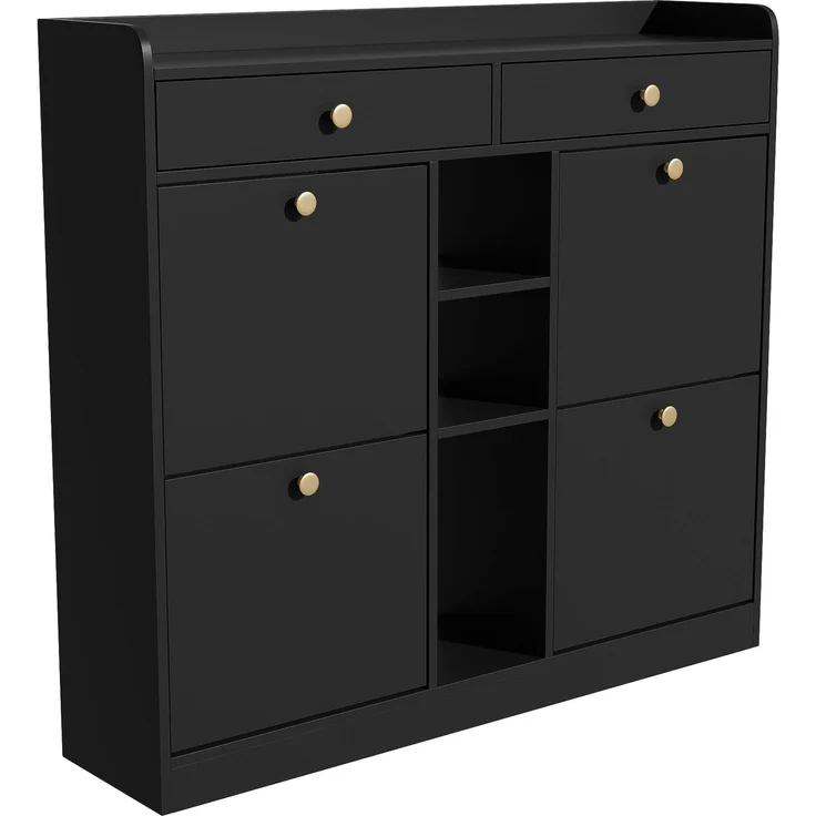 ZUBALIYA Schuhschrank (110 x 26 x 100 cm), 4 Klappfächer und 2 Schubladen, Offener Stauraum, Stauraum für Flur und Eingangsbereich, Schwarz – Bild 13