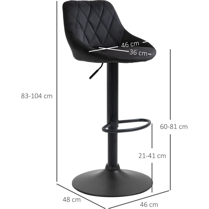 Barhocker 2er Set Höhenverstellbare Drehbar Barstühle mit Samtoptik Tresenhocker mit Rückenlehne mit Diamant-Tufting und Fußstütze für Bar, Theke, Esszimmer, Stahl Schwarz--Schwarz--104x46x48cm--YOUDENOVA – Bild 5