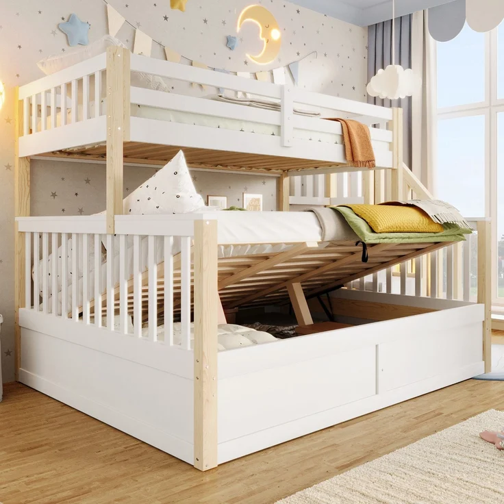 Etagenbett mit 2 Liegeflächen, Stauraum und Rausfallschutz, 90x200cm/140x200cm, Treppe mit Regal, Kinderbett, Jugendbett, Kiefer – Bild 2