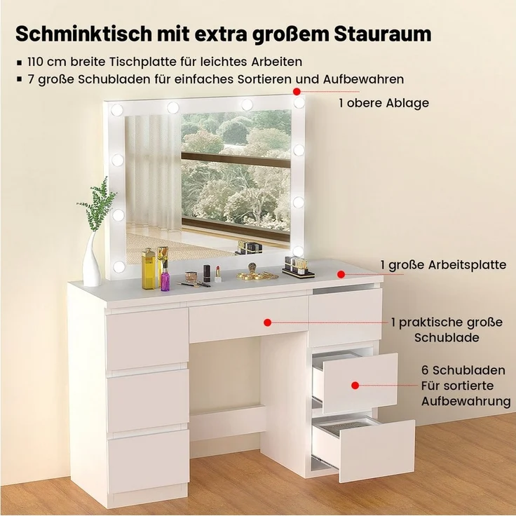 oyajia Schminktisch Kosmetiktisch mit Spiegel und LED-Beleuchtung, 7 Schubladen (Weiß Frisierkommode Kosmetiktisch Hollywood mit LED-Beleuchtung), 2 AC Steckdose, 1 USB-Anschluss, 1 Type-C Anschluss – Bild 3
