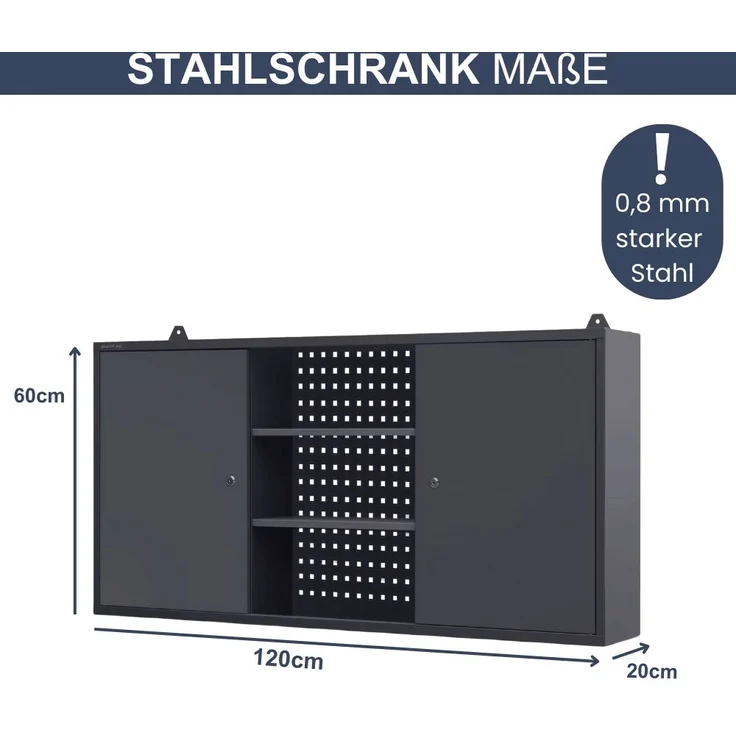 Hängeschrank Werkstatt abschließbar OLIS - Metallschrank hängend | Werkstattschrank Werkzeugschrank Wandschrank Garage, 60x120x20cm Anthrazit – Bild 2