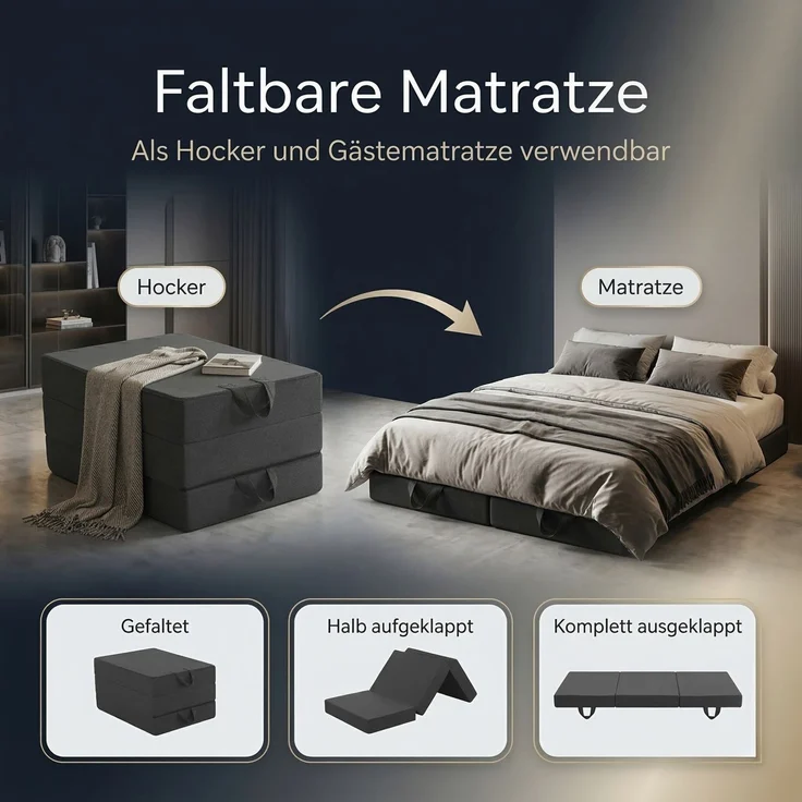 Arensberger Amalia Gästebett Klappmatratze 90x200 cm | 16 cm NANOCELL® Gelschaum | Faltmatratze mit Transporttasche für Gäste & Camping – Bild 2