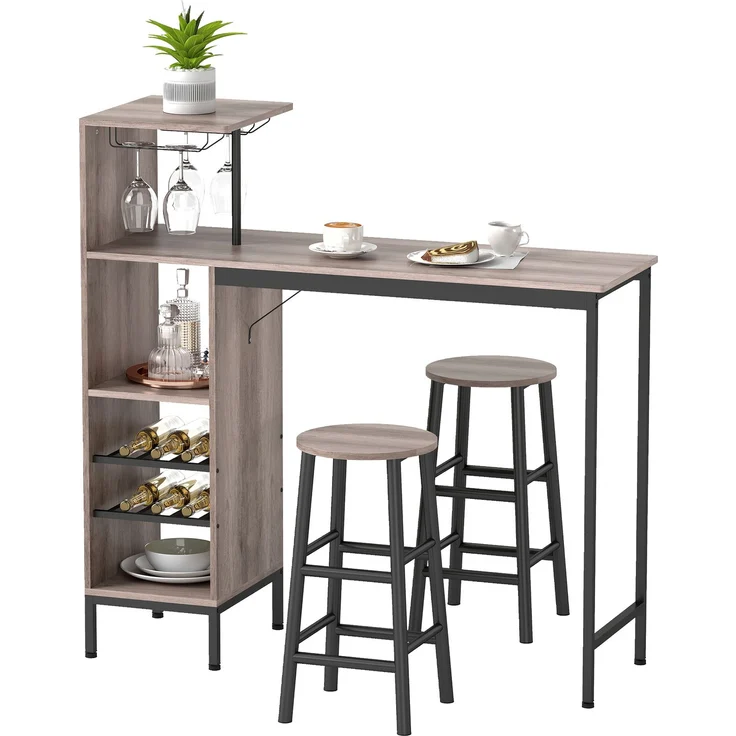 MELAYR, 3-tlg. Bartisch-Set mit Stauraum, Weinregalen, Glashaltern, Hockern mit Fußstütze, 121.5 x 40 x 122 cm, Grau – Bild 1