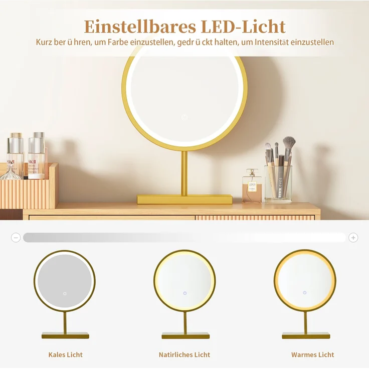 Schminktisch Make-up Tisch Set mit hochauflösendem LED-Spiegel, 3 Schubladen, Seitenschrank mit transparentem Regenbogenglas, Naturfarben – Bild 8