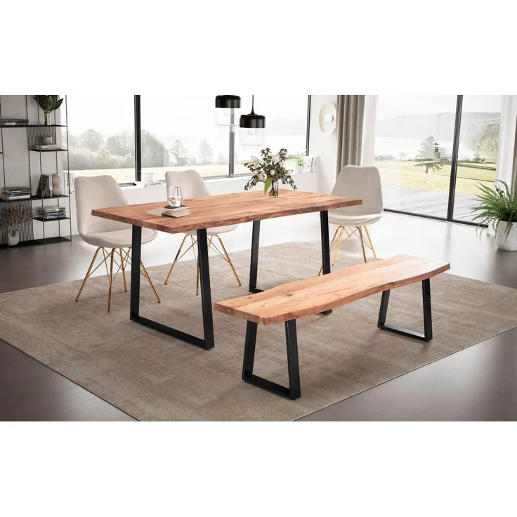 Esszimmertisch 180x90x76cm Akazie Massivholz Metall Baumkante Trapezbeine Schwarz – Bild 3