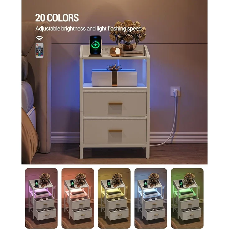 Nachttisch 2er Set, mit LED-Leuchten und Ladestation, Beistelltisch mit 2 Stoff-Schubladen und Regalen, mit USB-Anschlüssen & Steckdosen, für Schlafzimmer, Wohnzimmer, Weiß – Bild 4
