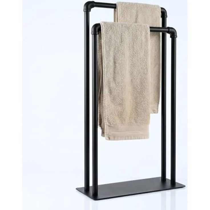 Libaro Handtuchständer freistehend mit 2 Armen PALERMO ohne Bohren fürs Badezimmer, Handtuchhalter stehend schwarz matt, 2 Handtuch-Stangen – Bild 1