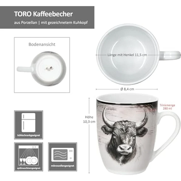 MamboCat Becher Toro 6x Kaffeebecher 280ml Porzellan-Tassen 6 Pers Alm Kuh Landhaus, Porzellan – Bild 6