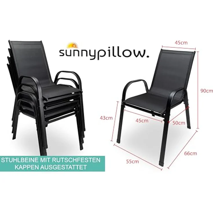 sunnypillow Gartenstuhl Stapelstühle schwarz – Hochlehner Gartenstühle mit Armlehnen, 4er Set Stapelstühle – Bild 4