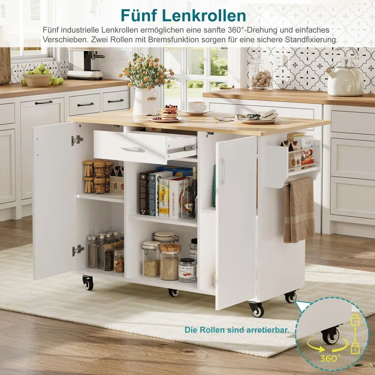 ZUBALIYA Küchenwagen 120 cm Arbeitsplatte – klappbare Arbeitsplatte, Schublade und 2 Schränke, 5 Rollen, 2 mit Bremse, Gewürzregal und Handtuchhalter, MDF, Weiß, Eichenoptik – Bild 3