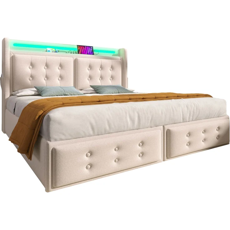 Polsterbett 180x200 cm mit LED & Ladefunktion, 4 Schubladen, Baumwoll-Leinen-Bezug, Beige – Bild 9