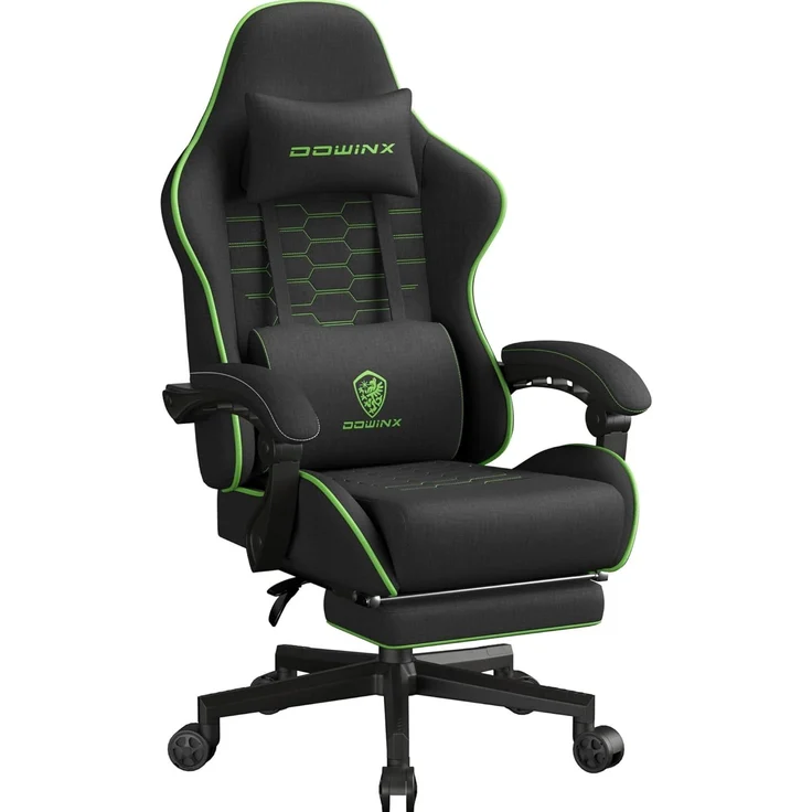 Dowinx Gaming Stuhl Tasche Frühling Kissen, Atmungsaktiver Bürostuhl aus Hochwertigem Stoff, Ergonomischer PC-Stuhl mit Kopfstütze, Drehbarer Schreibtischstuhl mit Fußstütze (Schwarz und Grün) – Bild 1