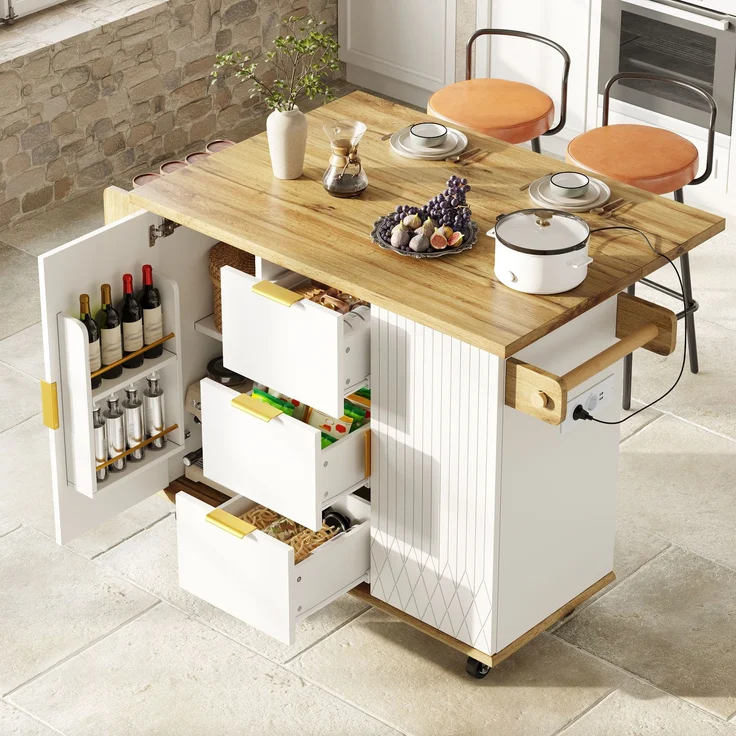 EINHOM Küchenwagen mit Ausklappbarer Arbeitsplatte & Stromanschluss, Mobiler Kücheninselschrank mit Rollen, Weiß-Holzoptik, Belastbar bis 70 kg – Bild 7
