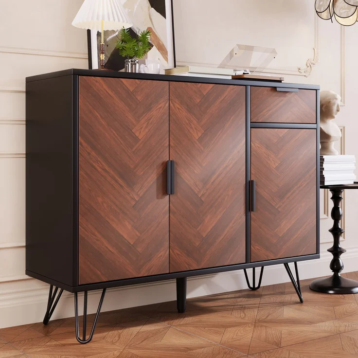 Merax Moderner Aufbewahrungsschrank, Sideboard in Schwarz und Holzoptik mit Schublade und höhenverstellbaren Einlegeböden (90 x 30 x 71,5 cm) – Bild 2