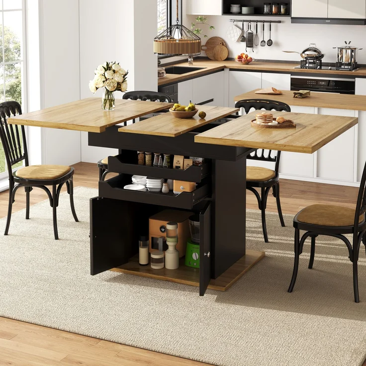 Esstisch Teleskoptisch(110-140×80cm), klappbarer Küchentisch für 4-6 Personen, Ausziehbarer Esstisch ,platzsparender Küchentisch, Tisch mit zwei Schubladen und einem Aufbewahrungsschrank – Bild 2