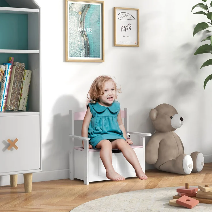JARDJ Kinder-Aufbewahrungsbank mit Rückenlehne und Soft-Close-Deckel, Tragkraft 30 kg, für Spielzimmer, 68,5 x 34 x 58 cm, Rosa und Weiß – Bild 3