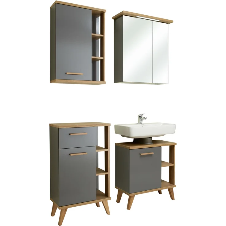 Pelipal Badmöbel-Set, Quickset 924, Quarzgrau Glanz/Riviera Eiche - Waschbeckenunterschrank, Spiegelschrank, Unterschrank mit Regal, Hängeschrank mit Regal – Bild 1