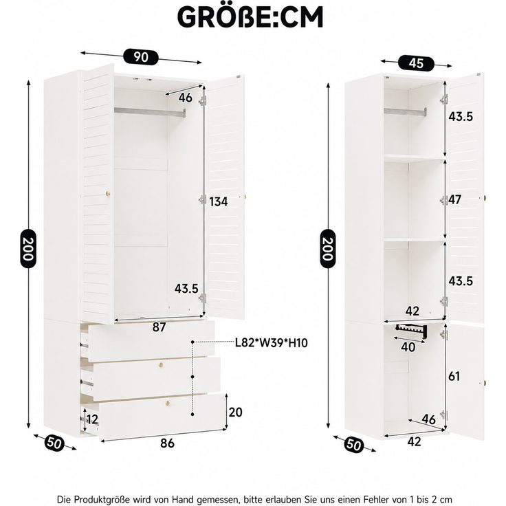 CHICFURN Kleiderschrank 135x200x50 cm mit 3 Lamellentüren und 3 Schubladen – Weiß – Bild 6
