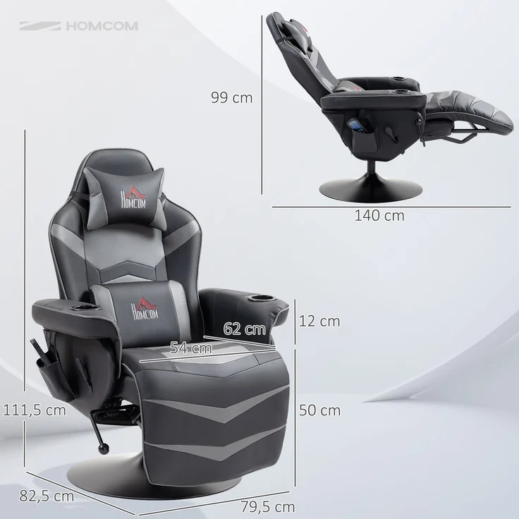 MELAYR, Gamingsessel, Massagefunktion, neigbare Lehne, Fußstütze, bis 120 kg, 78 x 82.5 x 111.5 cm, Schwarz+Grau – Bild 5