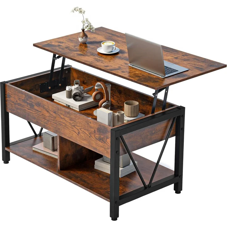 YITAHOME Couchtisch mit Anhebbarer Platte, Leicht Anzuheben, 2-Stufiger Stauraum, Höhenverstellbarer Couchtisch mit Verstecktem Staufach und Ablagefläche für Wohnzimmer, Büro, Vintage-Braun