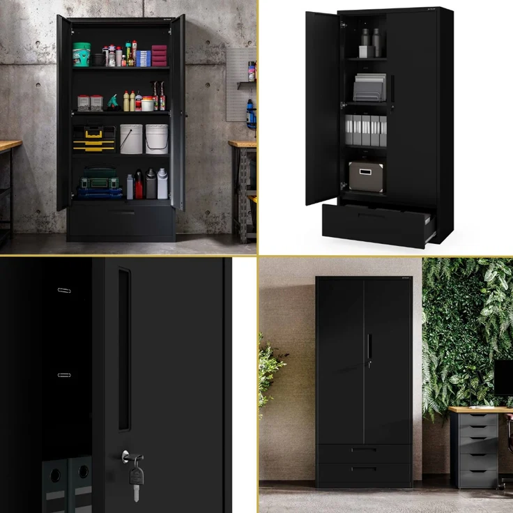 Metallschrank mit Einzel-Schublade RUEL - 195x90x40cm Schwarz | Büroschrank Aktenschrank Stahlschrank Fachbodenschrank Werkstattschrank – Bild 7