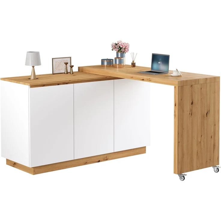ZUBALIYA Schreibtisch mit feststellbaren Rollen – multifunktionales Design, 4 cm dickere, drehbare Tischplatte, fest arretierbar, weiß/Eiche, Faltbarer Schreibtisch, Eckschreibtisch, Sideboard,Dicke Materialie – Bild 7